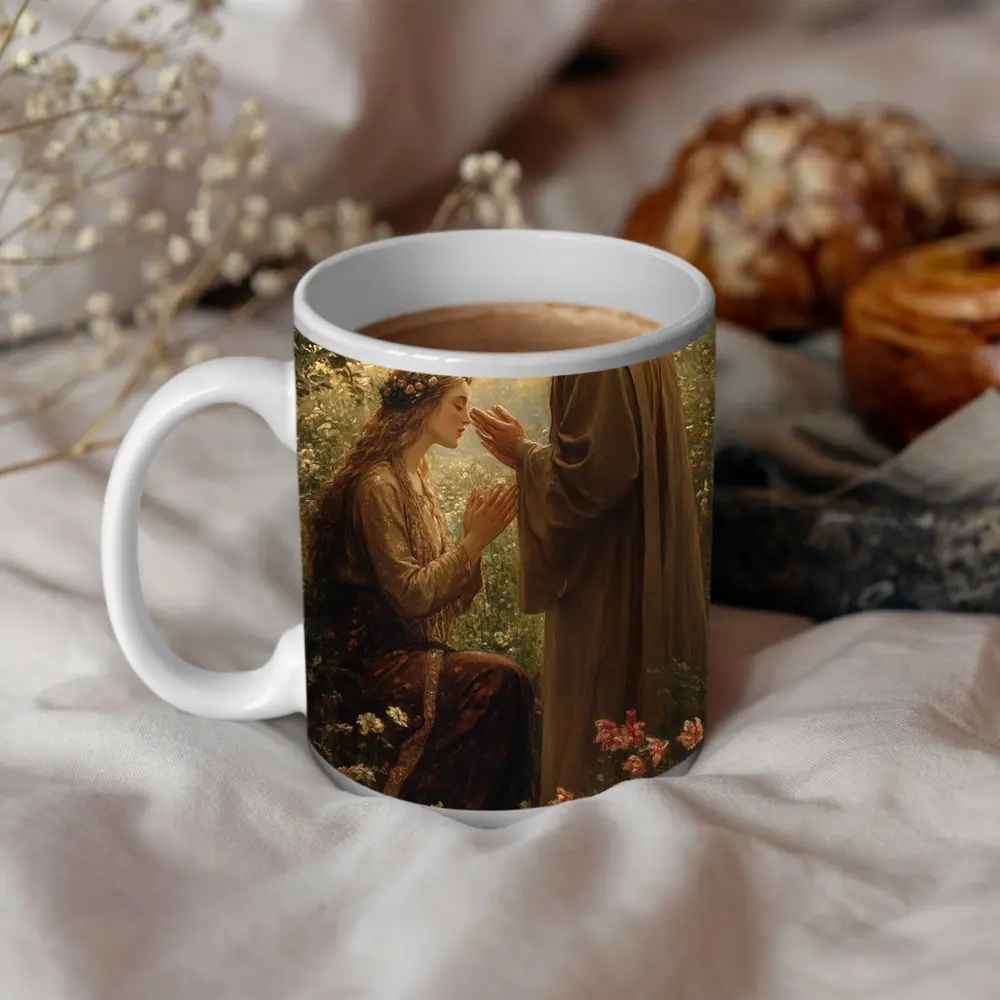 Jesus Blessing Woman Garden Religious Oil Painting – Mugs