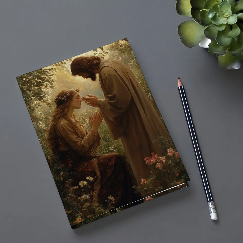 Jesus Blessing Woman Garden Religious Oil Painting – Notebooks