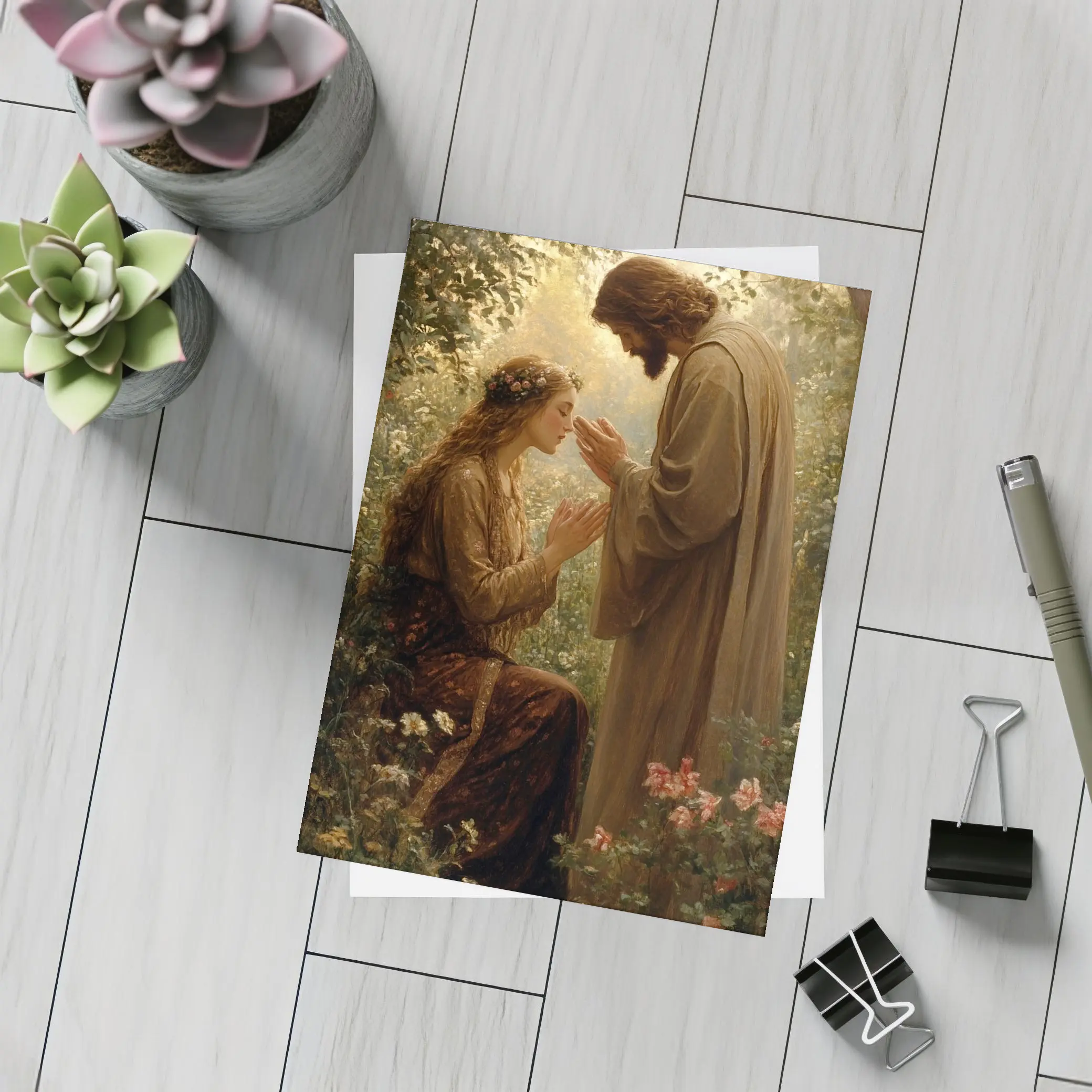 Jesus Blessing Woman Garden Religious Oil Painting – Postcards