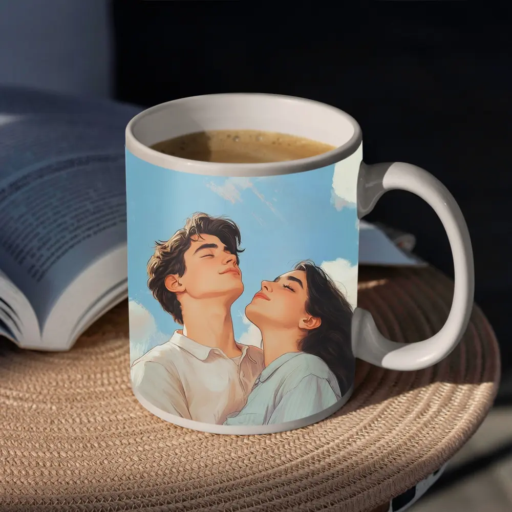 Young Couple Looking Up Blue Sky – Mugs