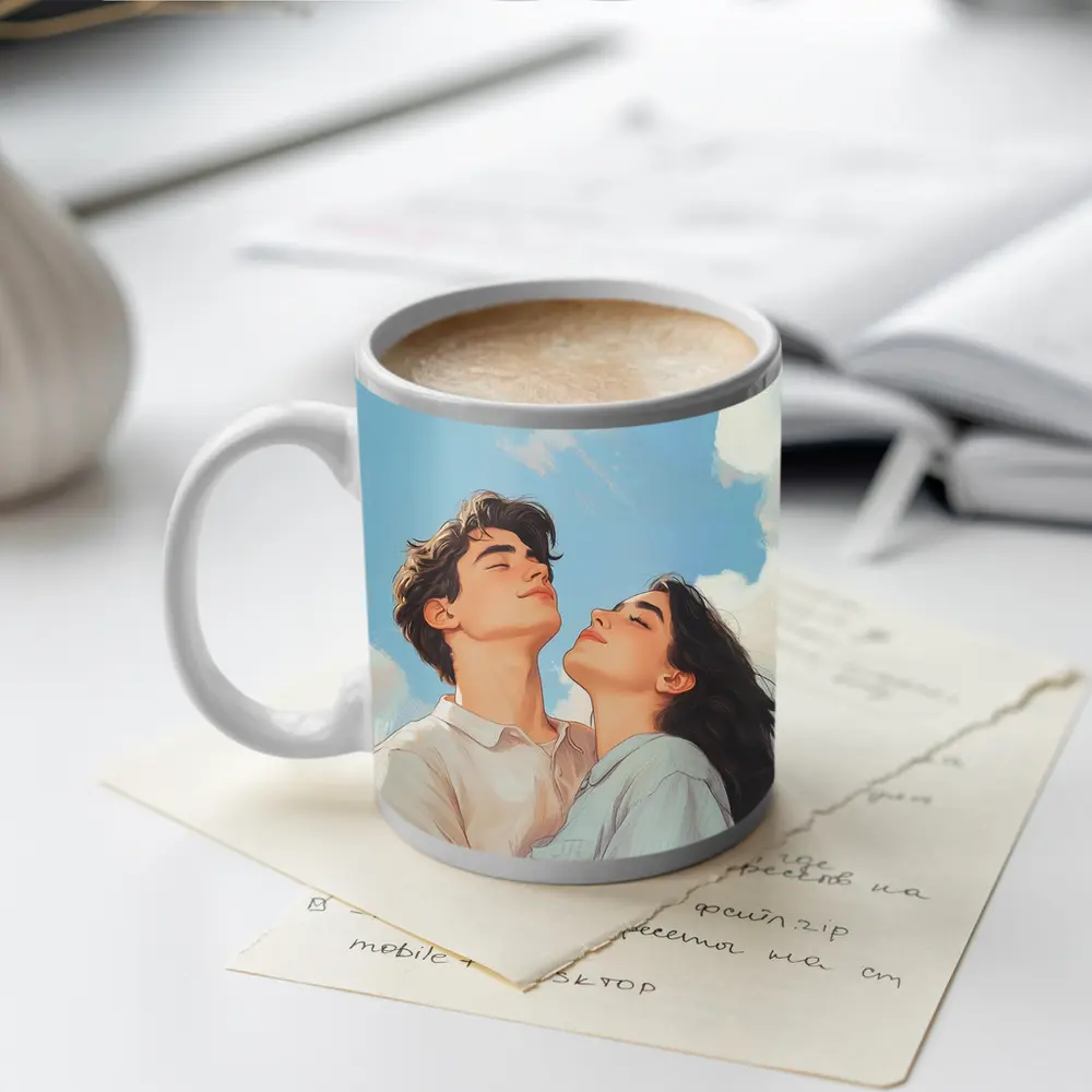 Young Couple Looking Up Blue Sky – Mugs