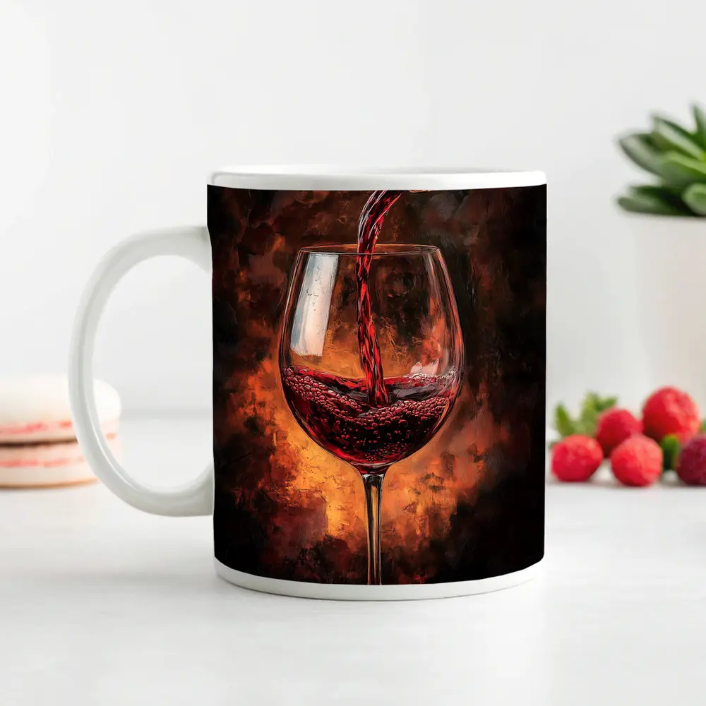Red Wine Pouring Into Glass Dark Background – Mugs