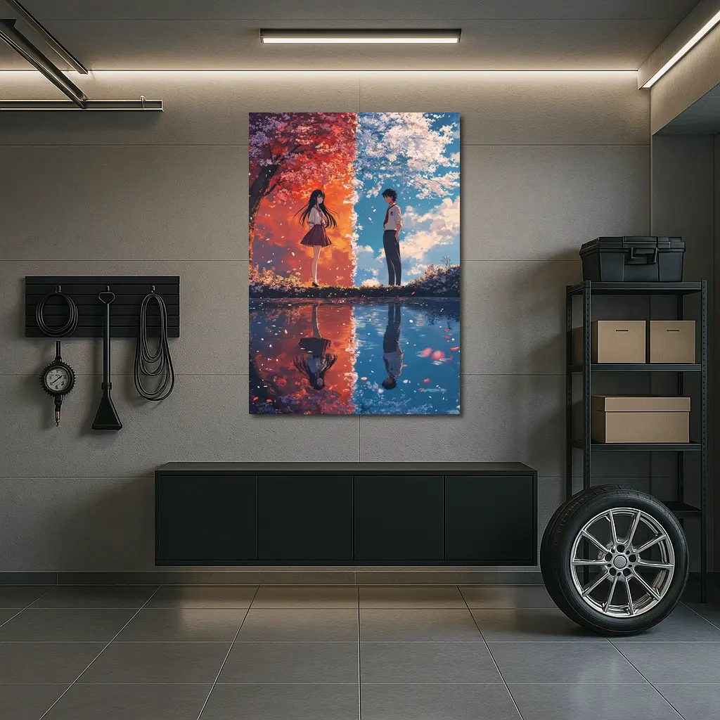 Anime Couple Cherry Blossom Reflection Split Scene – Wall Art