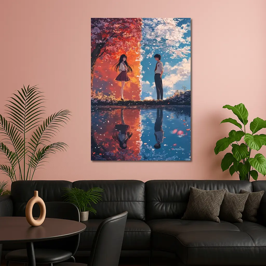 Anime Couple Cherry Blossom Reflection Split Scene – Wall Art