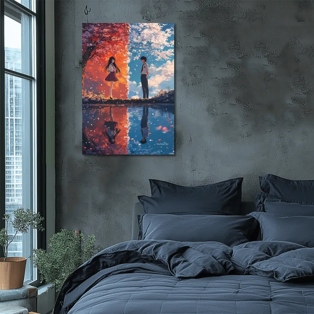 Anime Couple Cherry Blossom Reflection Split Scene – Wall Art