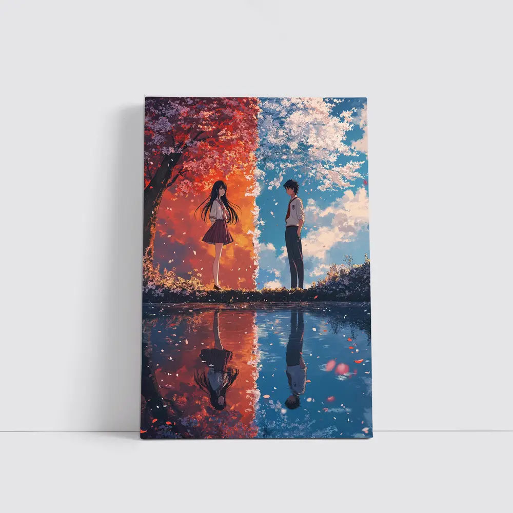 Anime Couple Cherry Blossom Reflection Split Scene – Wall Art