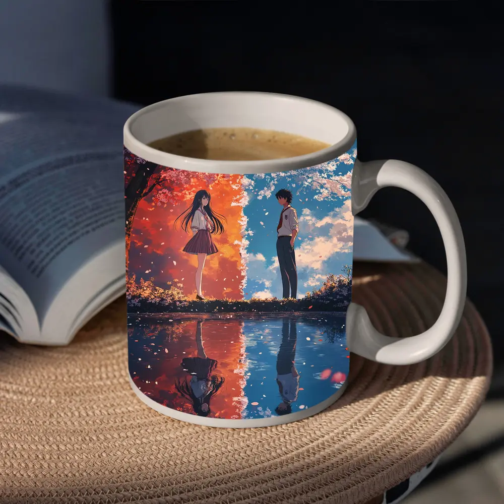 Anime Couple Cherry Blossom Reflection Split Scene – Mugs