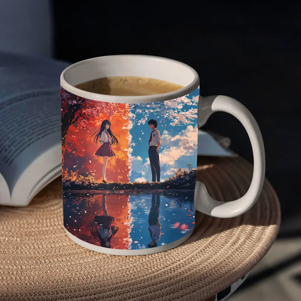 Anime Couple Cherry Blossom Reflection Split Scene – Mugs