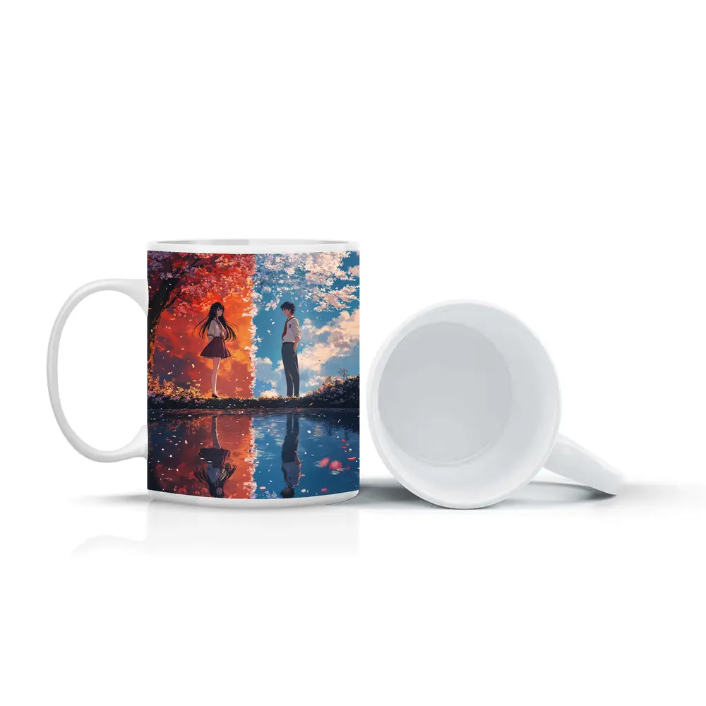 Anime Couple Cherry Blossom Reflection Split Scene – Mugs