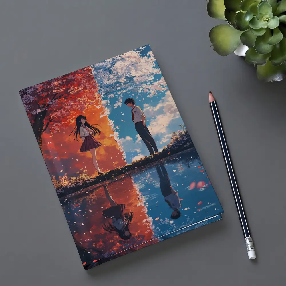 Anime Couple Cherry Blossom Reflection Split Scene – Notebooks