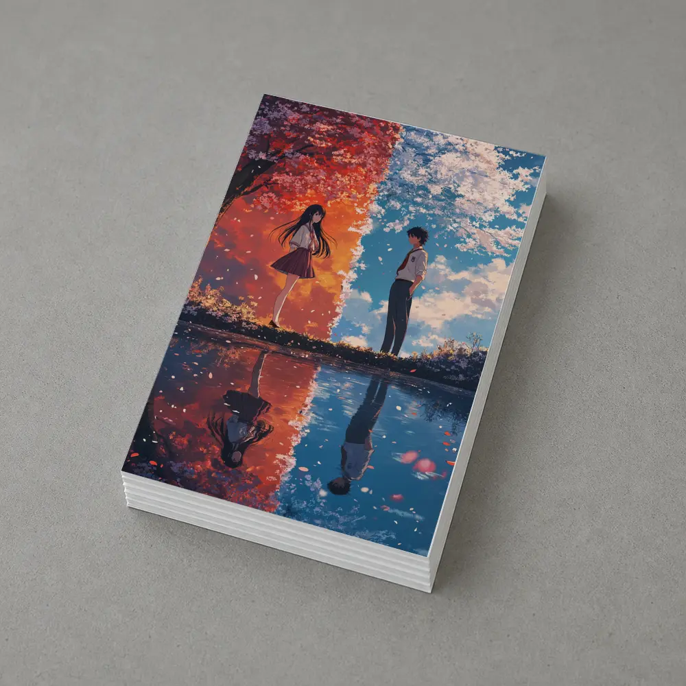 Anime Couple Cherry Blossom Reflection Split Scene – Postcards