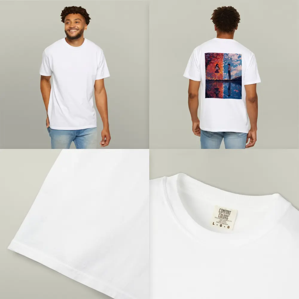 Anime Couple Cherry Blossom Reflection Split Scene – T-Shirts