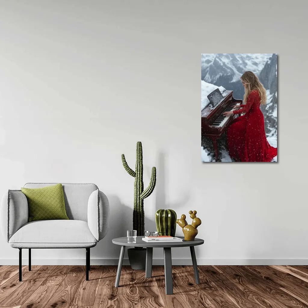 Woman in Red Dress Playing Piano Mountains – Wall Art