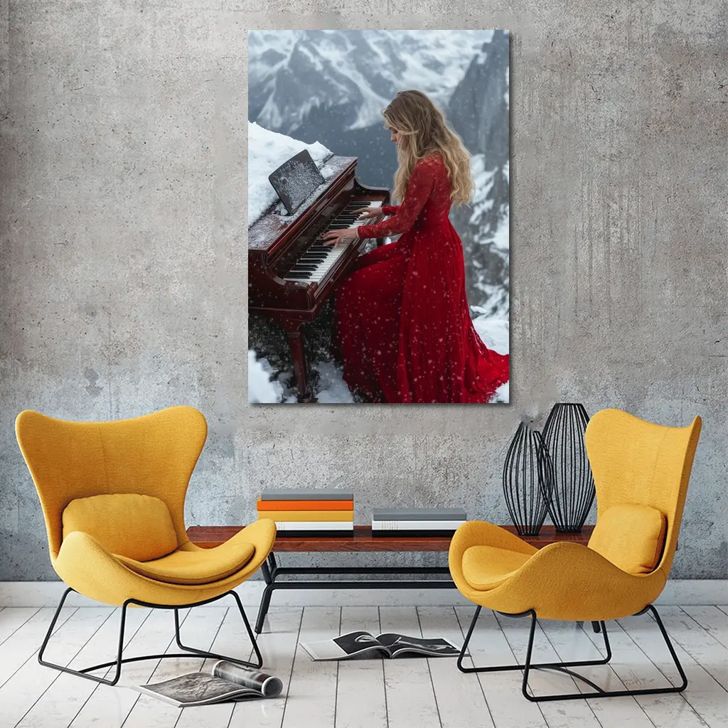 Woman in Red Dress Playing Piano Mountains – Wall Art