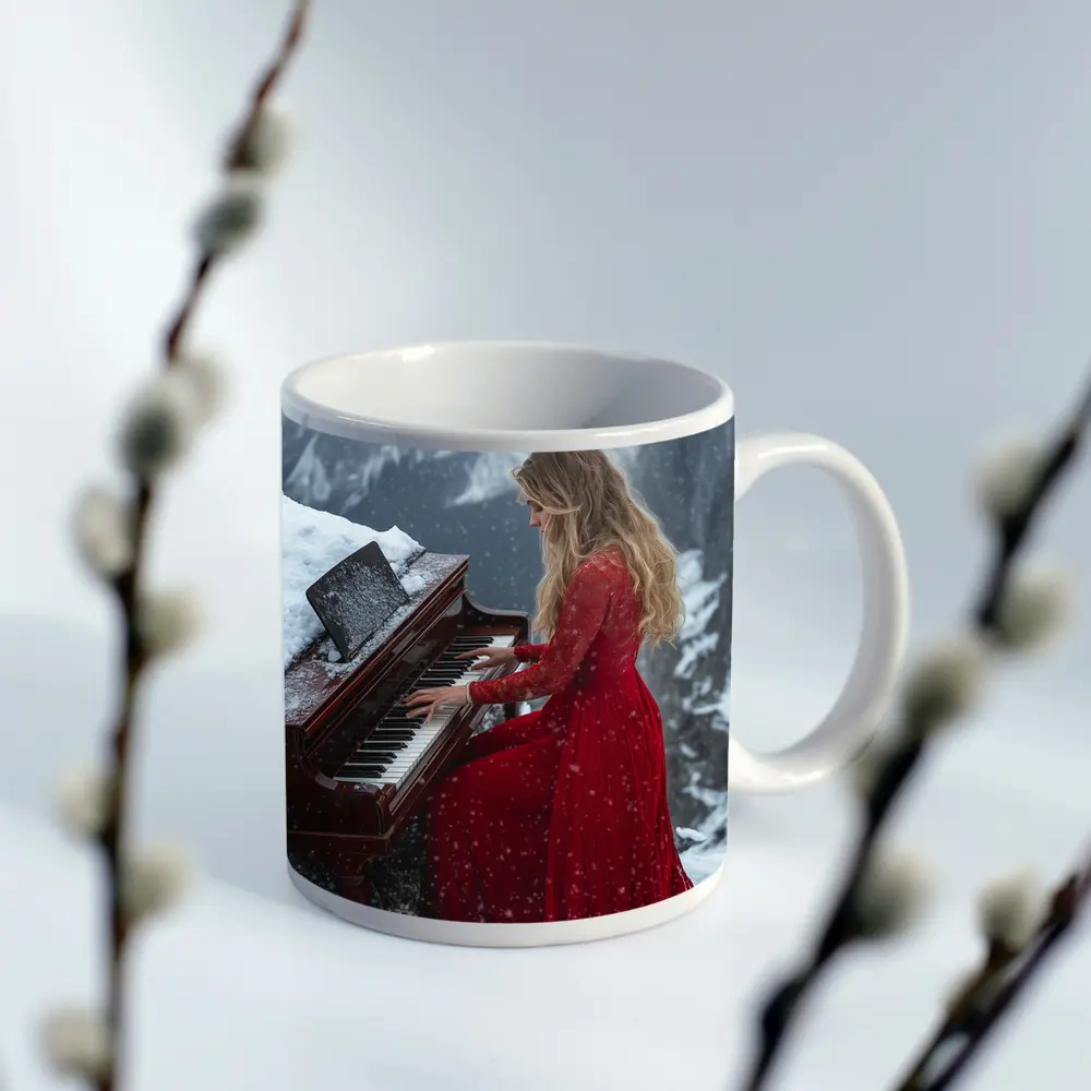 Woman in Red Dress Playing Piano Mountains – Mugs