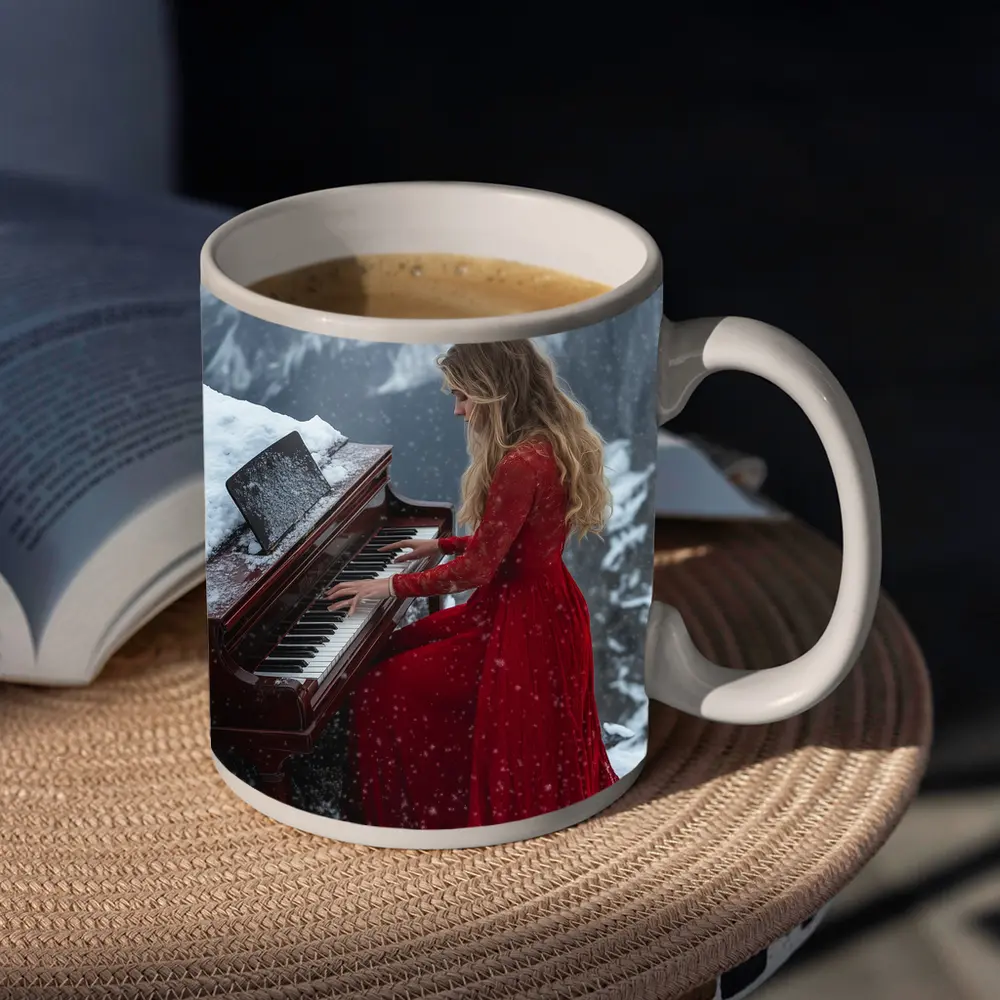 Woman in Red Dress Playing Piano Mountains – Mugs