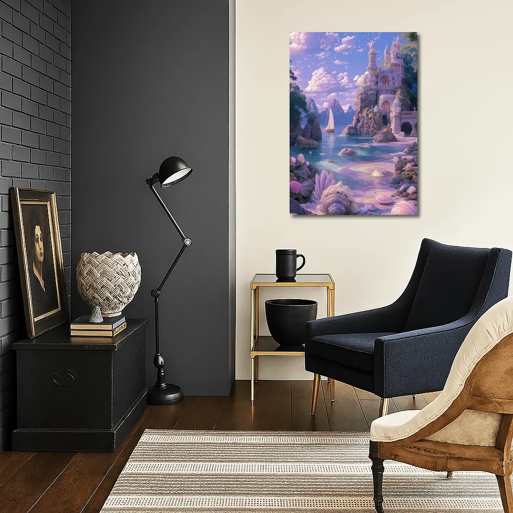 Fantasy Castle Beach Seashells Dreamy Coastal Scene – Wall Art