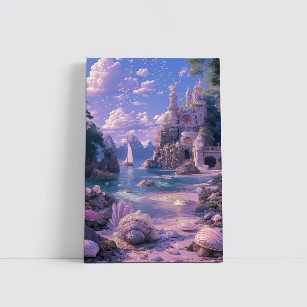 Fantasy Castle Beach Seashells Dreamy Coastal Scene – Wall Art