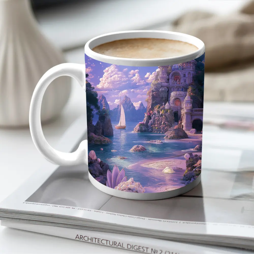 Fantasy Castle Beach Seashells Dreamy Coastal Scene – Mugs