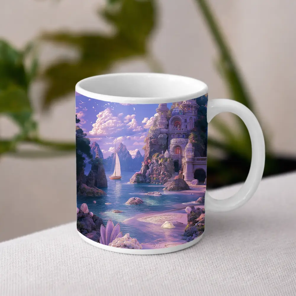 Fantasy Castle Beach Seashells Dreamy Coastal Scene – Mugs