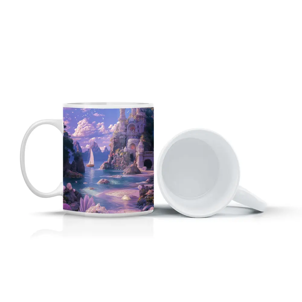 Fantasy Castle Beach Seashells Dreamy Coastal Scene – Mugs