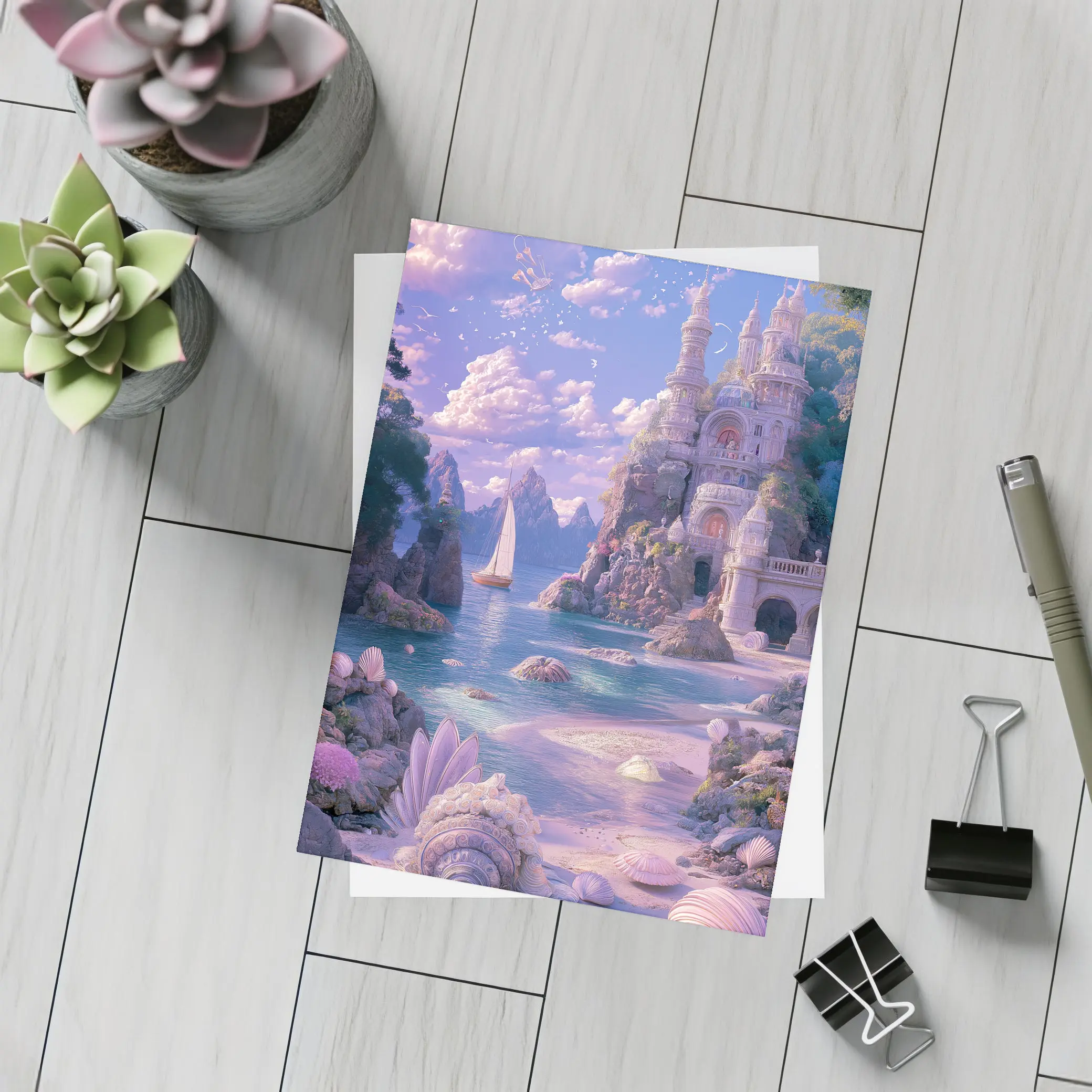 Fantasy Castle Beach Seashells Dreamy Coastal Scene – Postcards