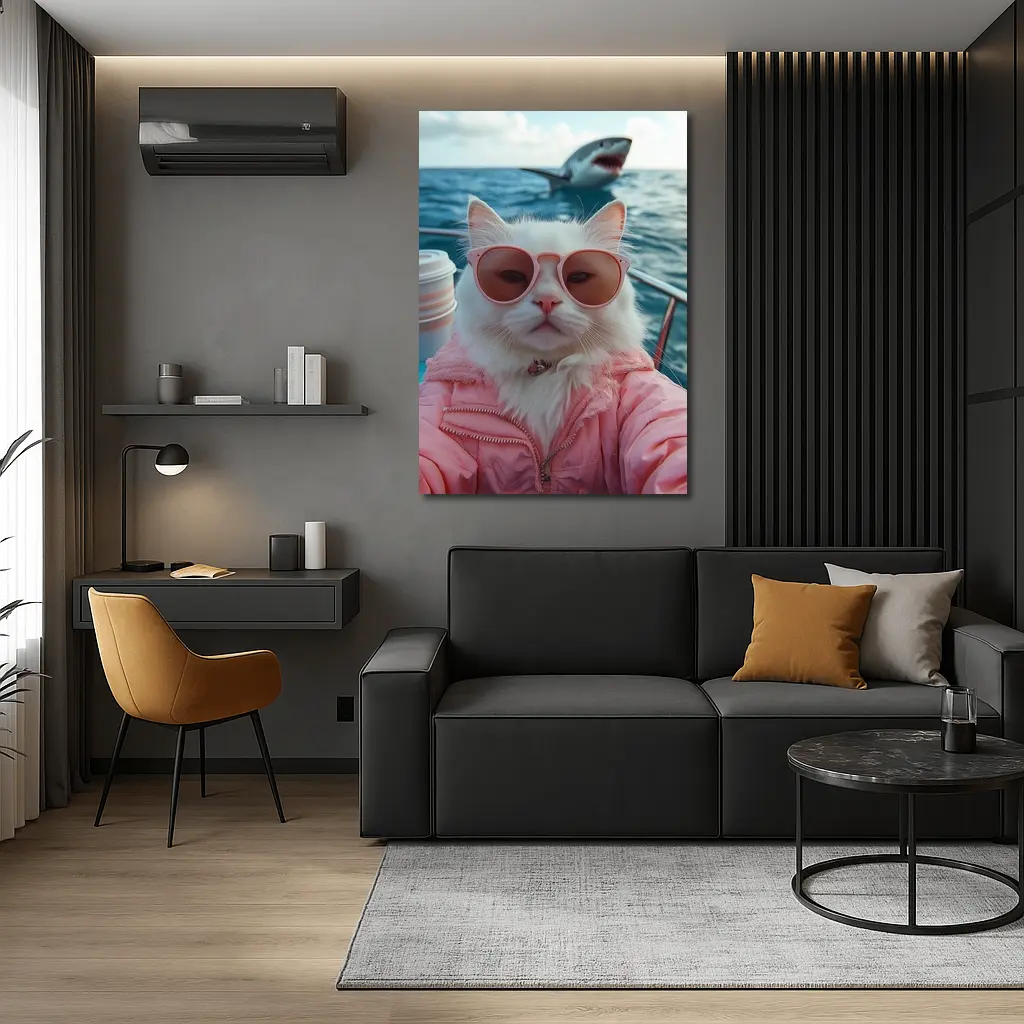 White Cat Sunglasses Pink Jacket Ocean Shark – Wall Art