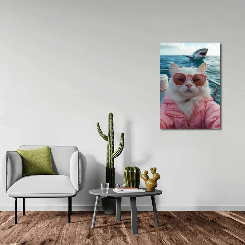 White Cat Sunglasses Pink Jacket Ocean Shark – Wall Art