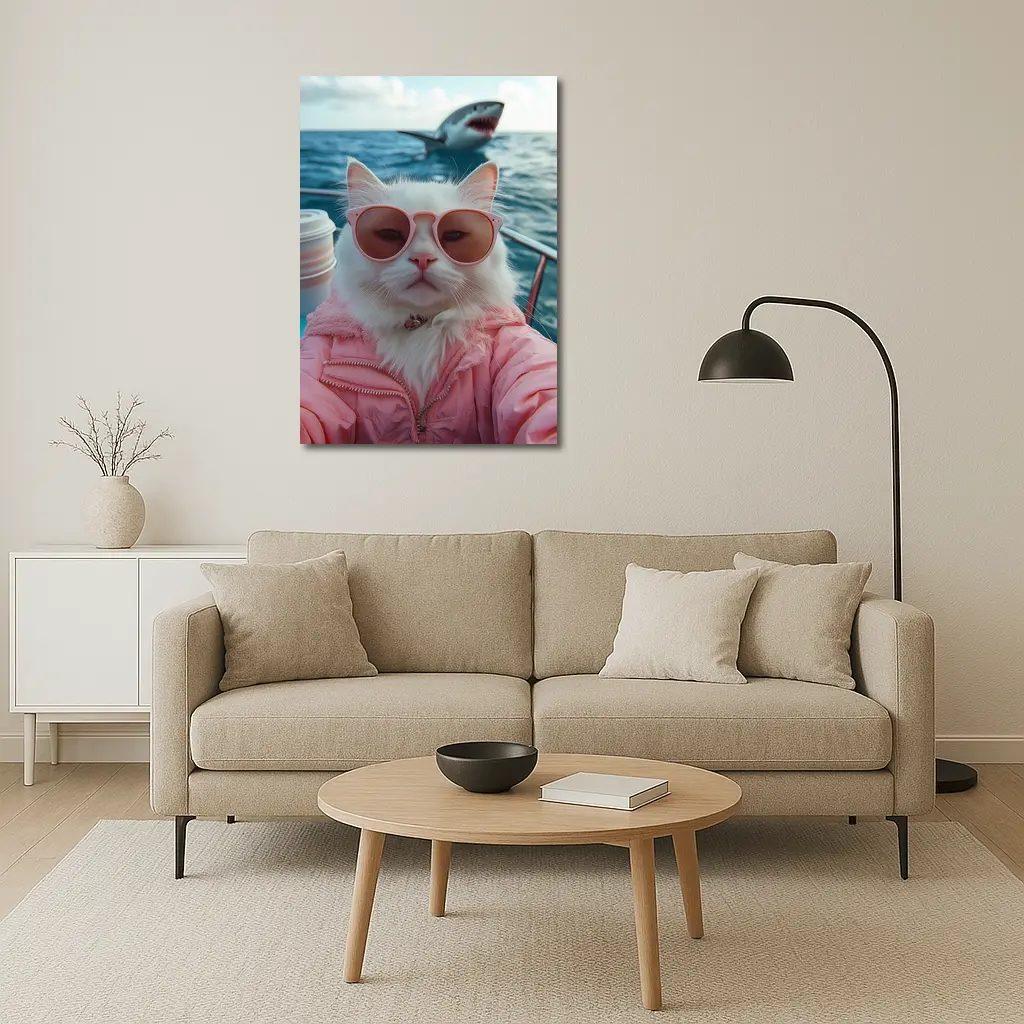 White Cat Sunglasses Pink Jacket Ocean Shark – Wall Art