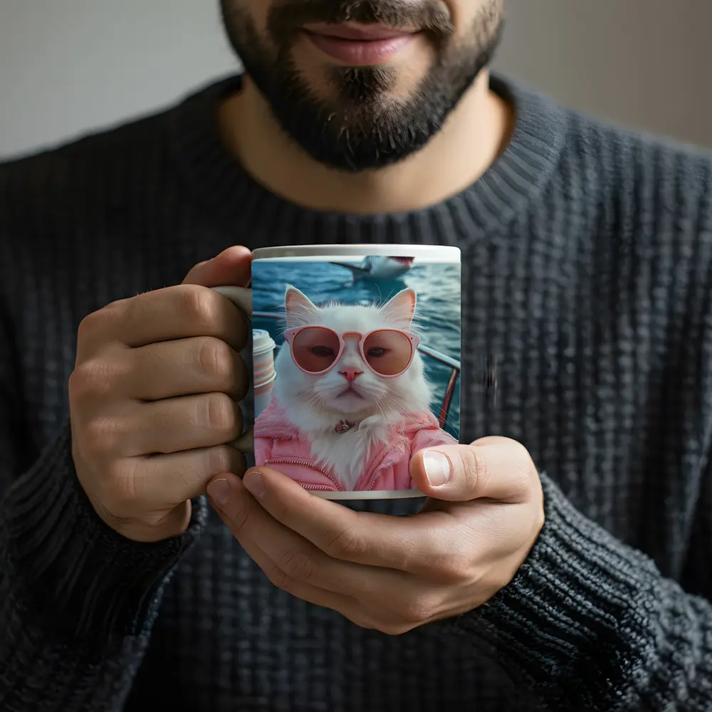 White Cat Sunglasses Pink Jacket Ocean Shark – Mugs