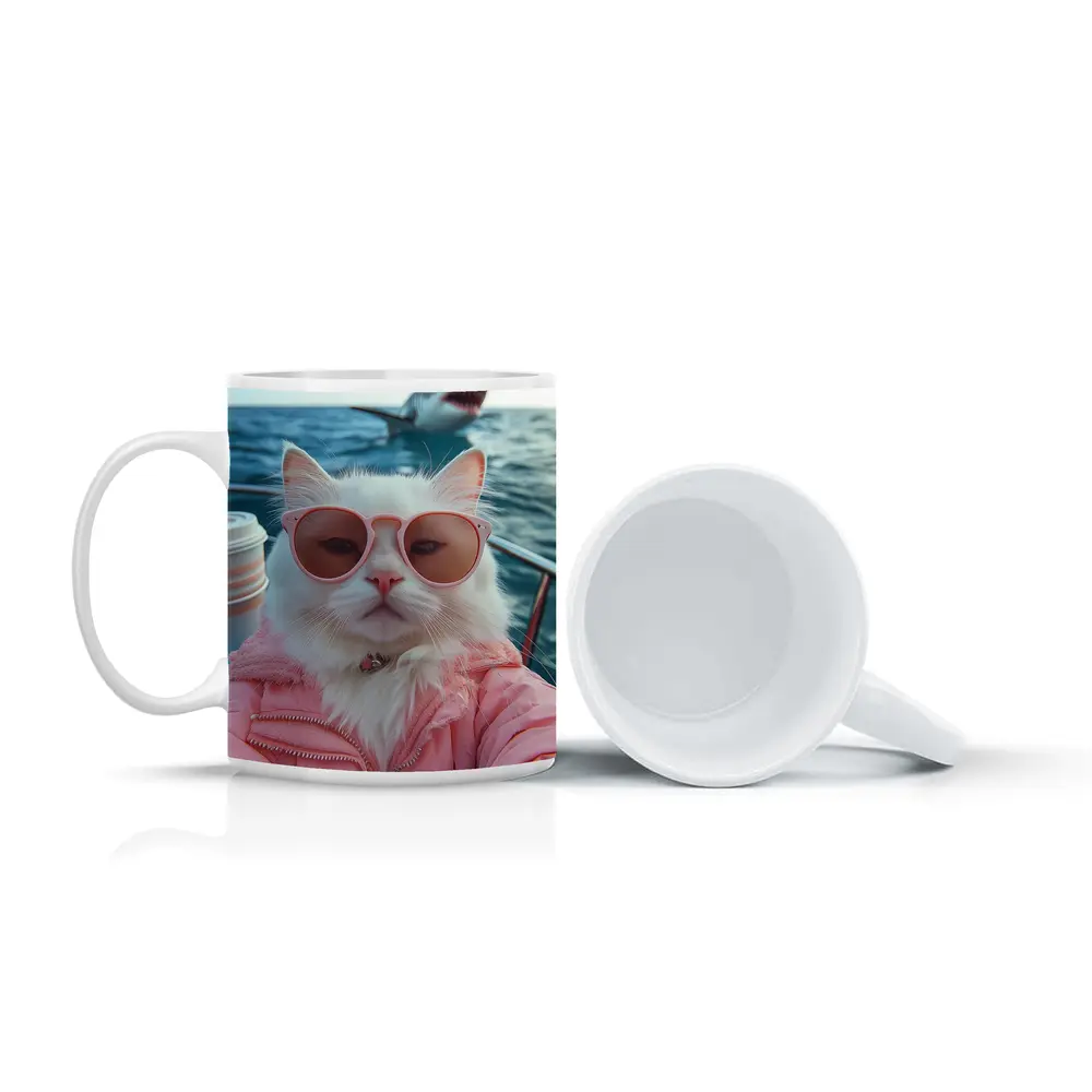 White Cat Sunglasses Pink Jacket Ocean Shark – Mugs
