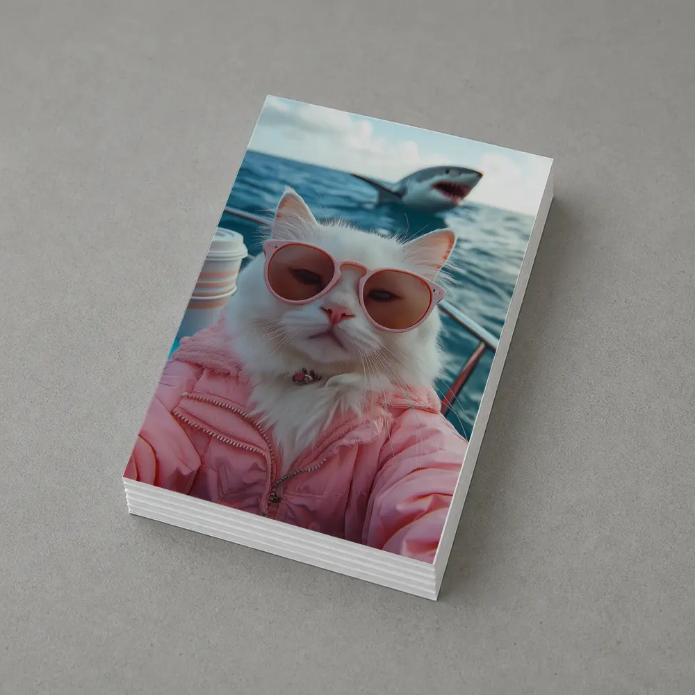 White Cat Sunglasses Pink Jacket Ocean Shark – Postcards