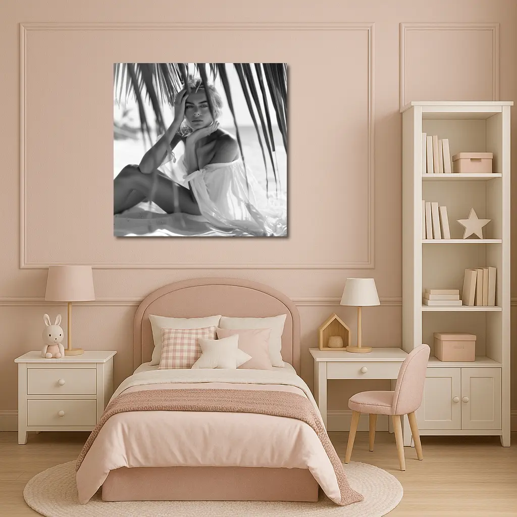 Blonde Woman Sitting Under Palm Tree Beach – Wall Art
