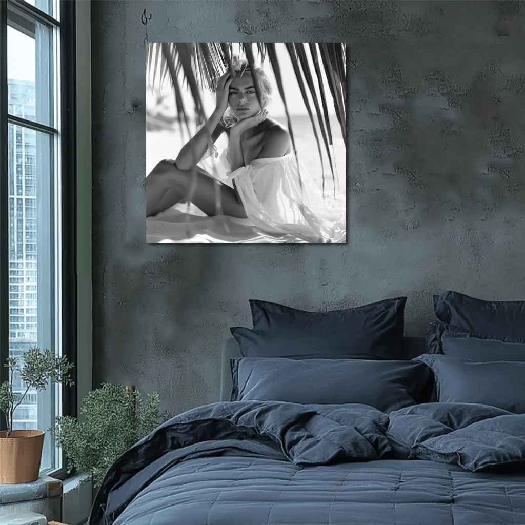 Blonde Woman Sitting Under Palm Tree Beach – Wall Art