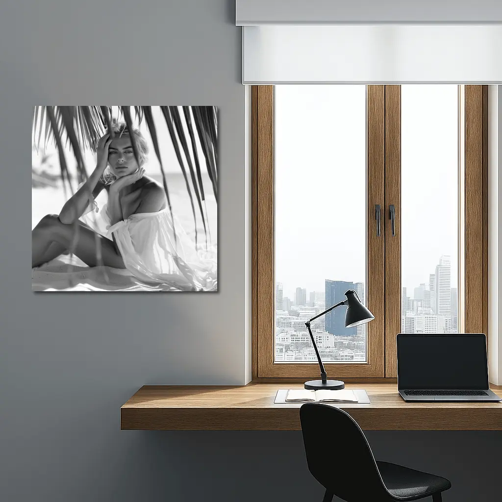 Blonde Woman Sitting Under Palm Tree Beach – Wall Art