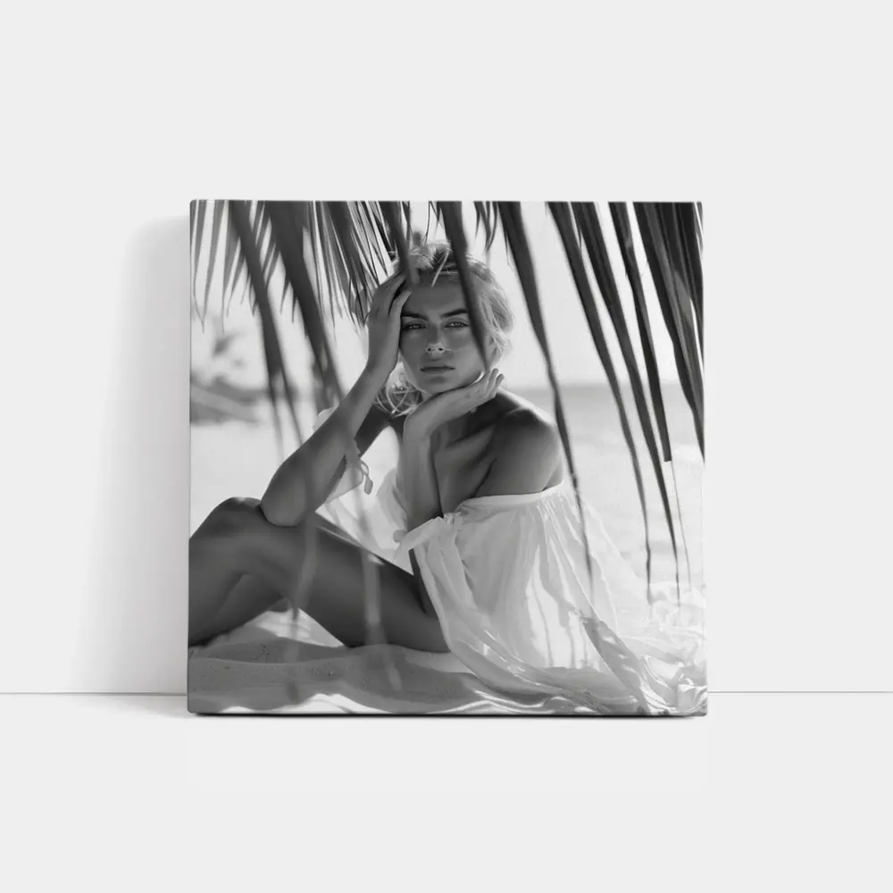 Blonde Woman Sitting Under Palm Tree Beach – Wall Art