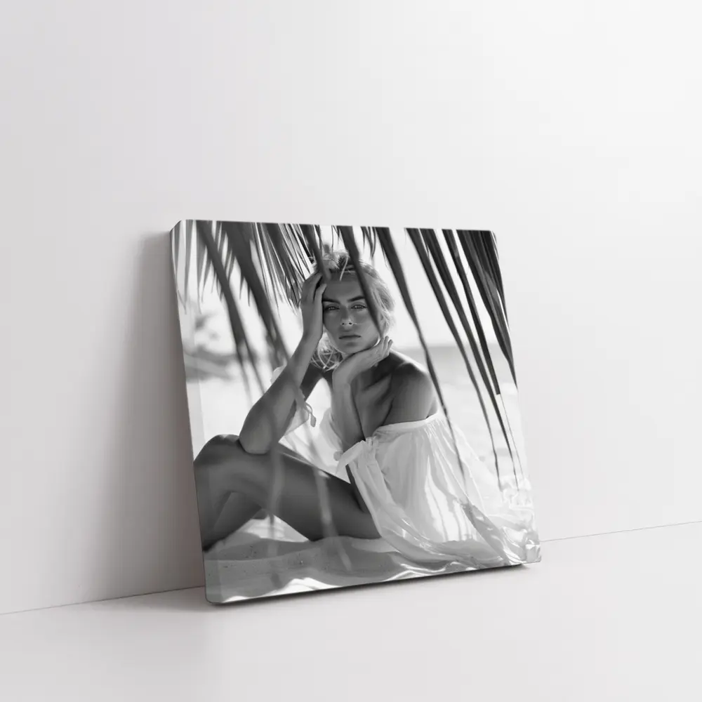 Blonde Woman Sitting Under Palm Tree Beach – Wall Art