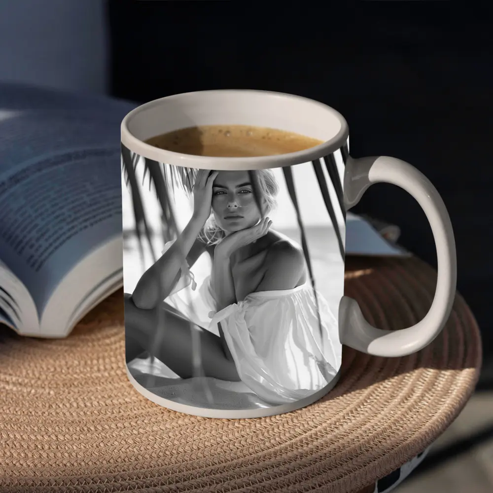 Blonde Woman Sitting Under Palm Tree Beach – Mugs