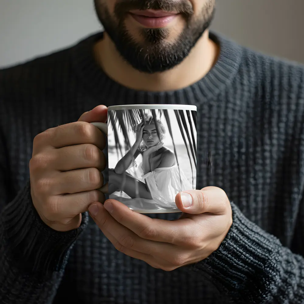 Blonde Woman Sitting Under Palm Tree Beach – Mugs