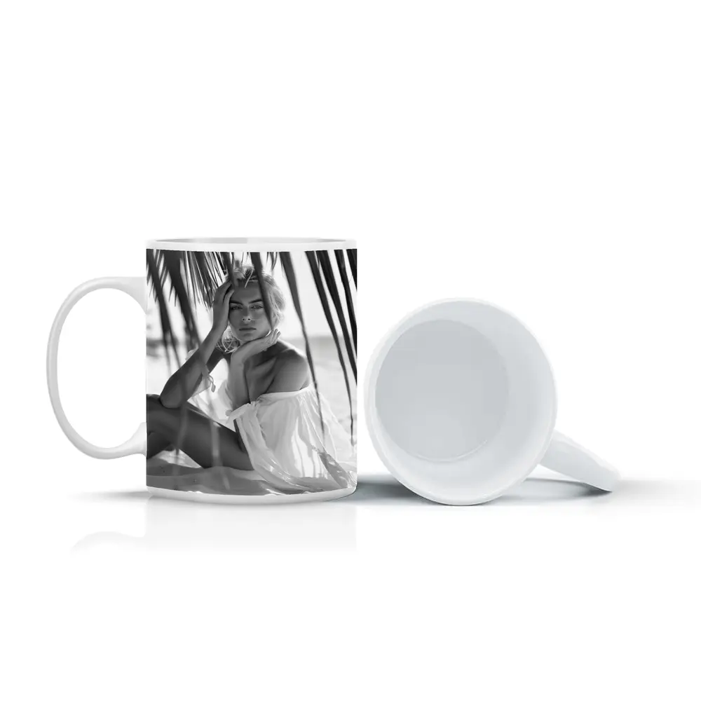 Blonde Woman Sitting Under Palm Tree Beach – Mugs