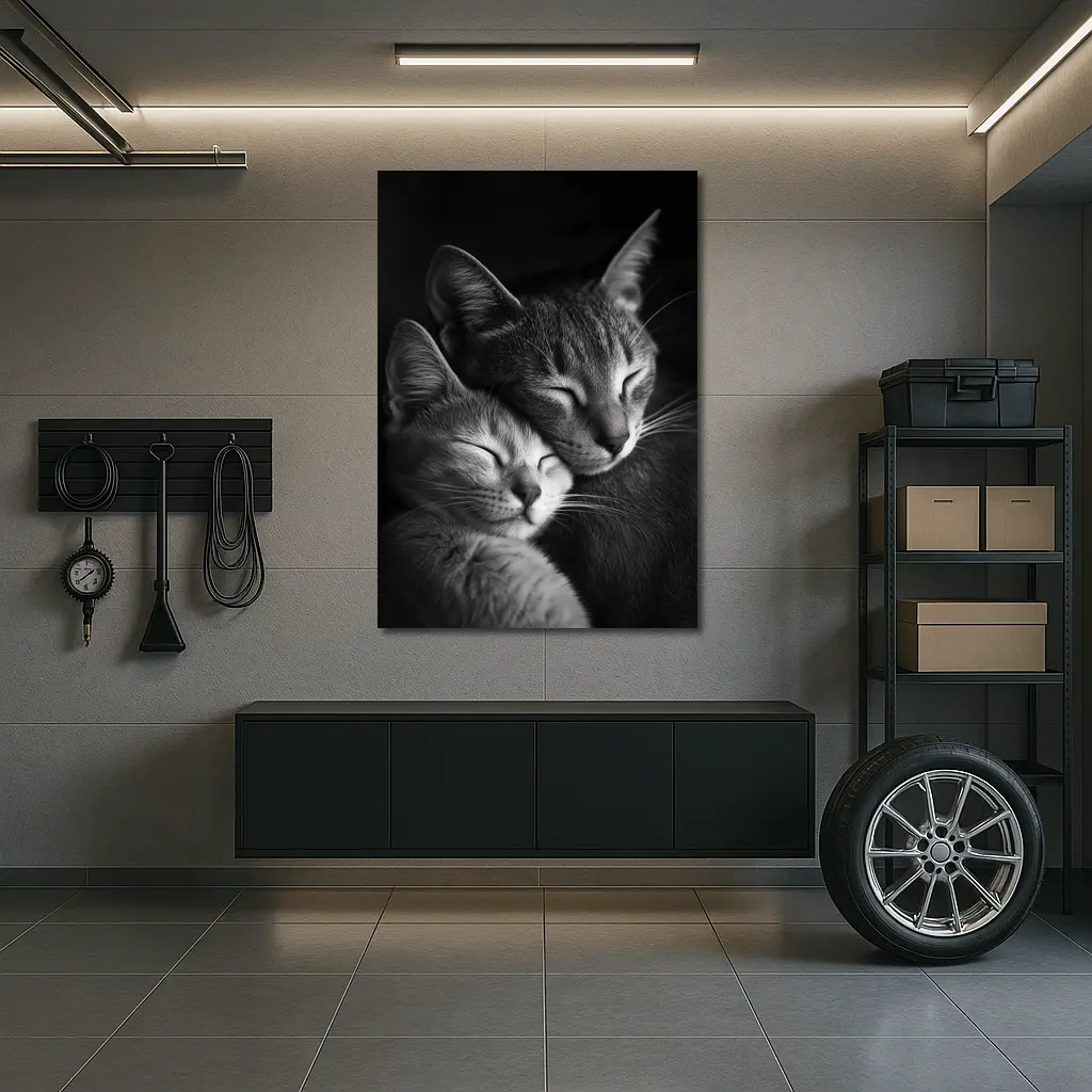 Two Cats Sleeping Together Black Background – Wall Art