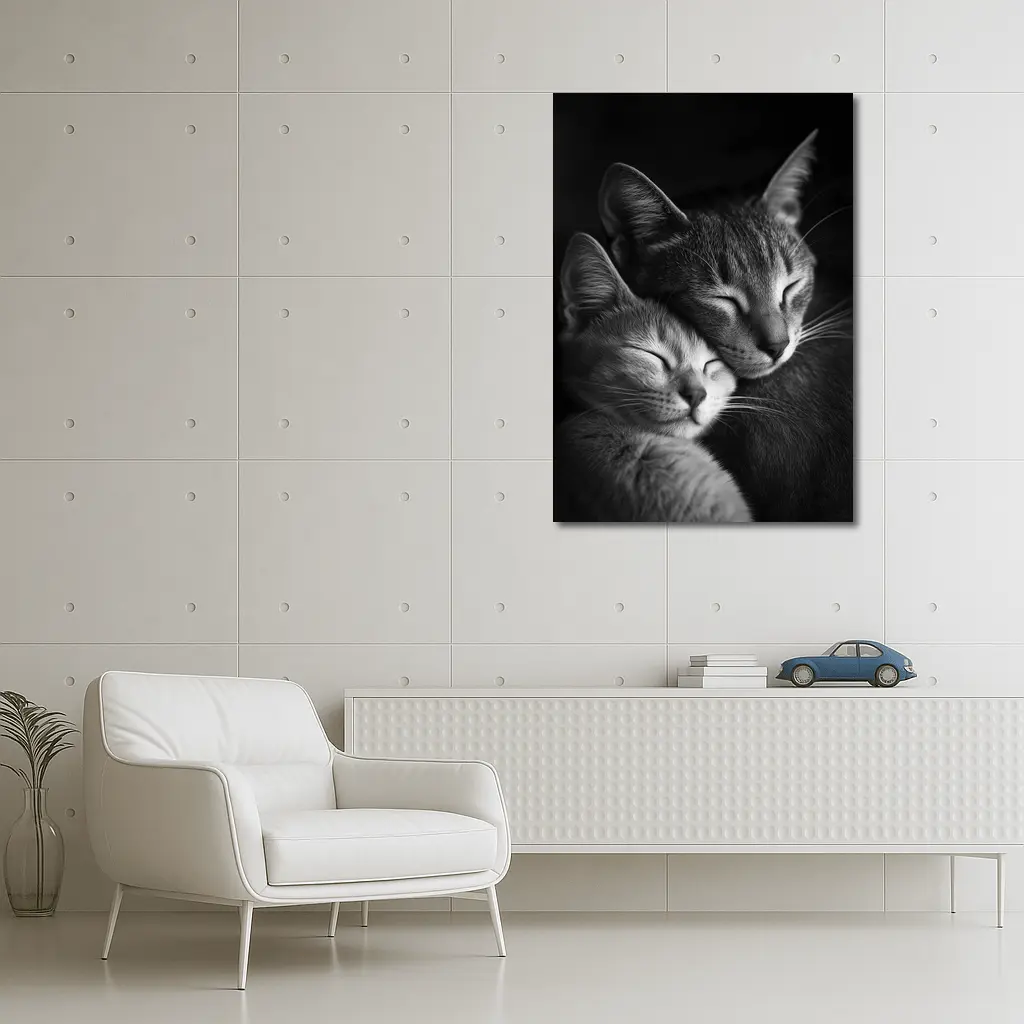 Two Cats Sleeping Together Black Background – Wall Art