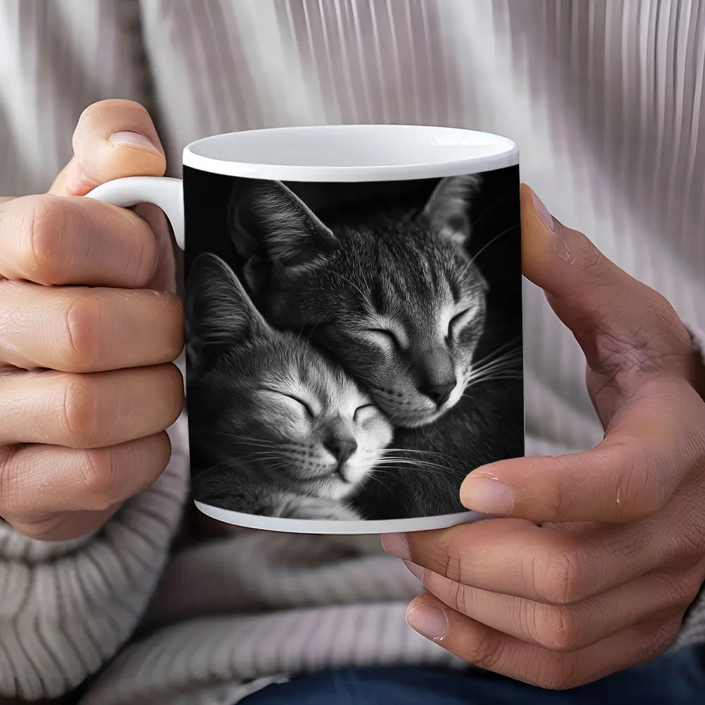 Two Cats Sleeping Together Black Background – Mugs