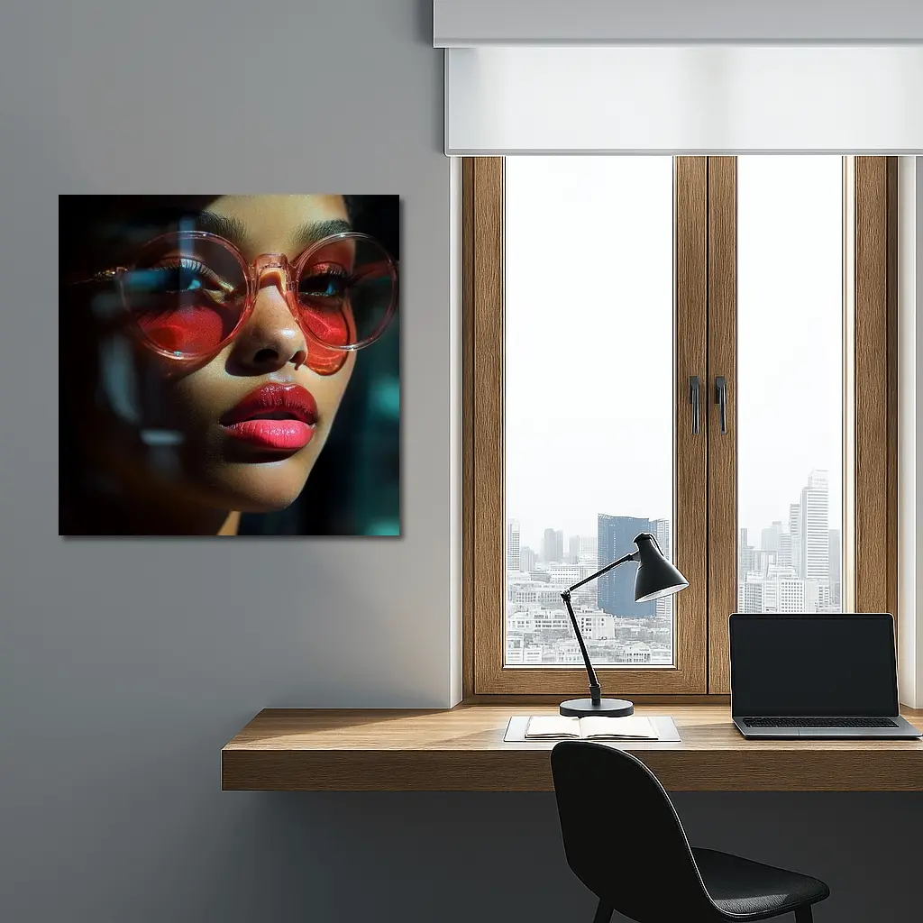 Woman Red Sunglasses Bold Lips Dark Background – Wall Art