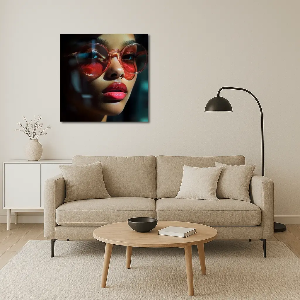 Woman Red Sunglasses Bold Lips Dark Background – Wall Art