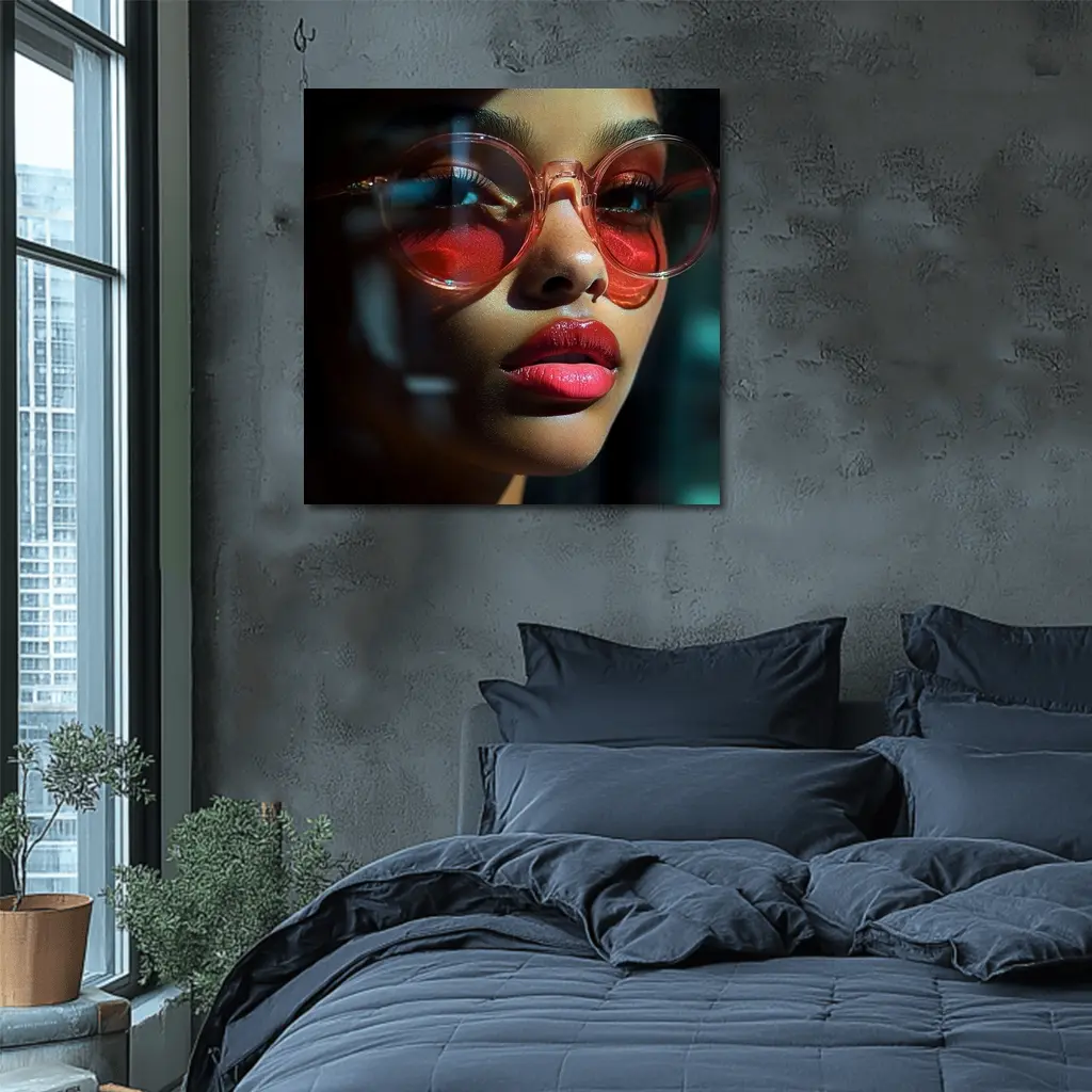 Woman Red Sunglasses Bold Lips Dark Background – Wall Art