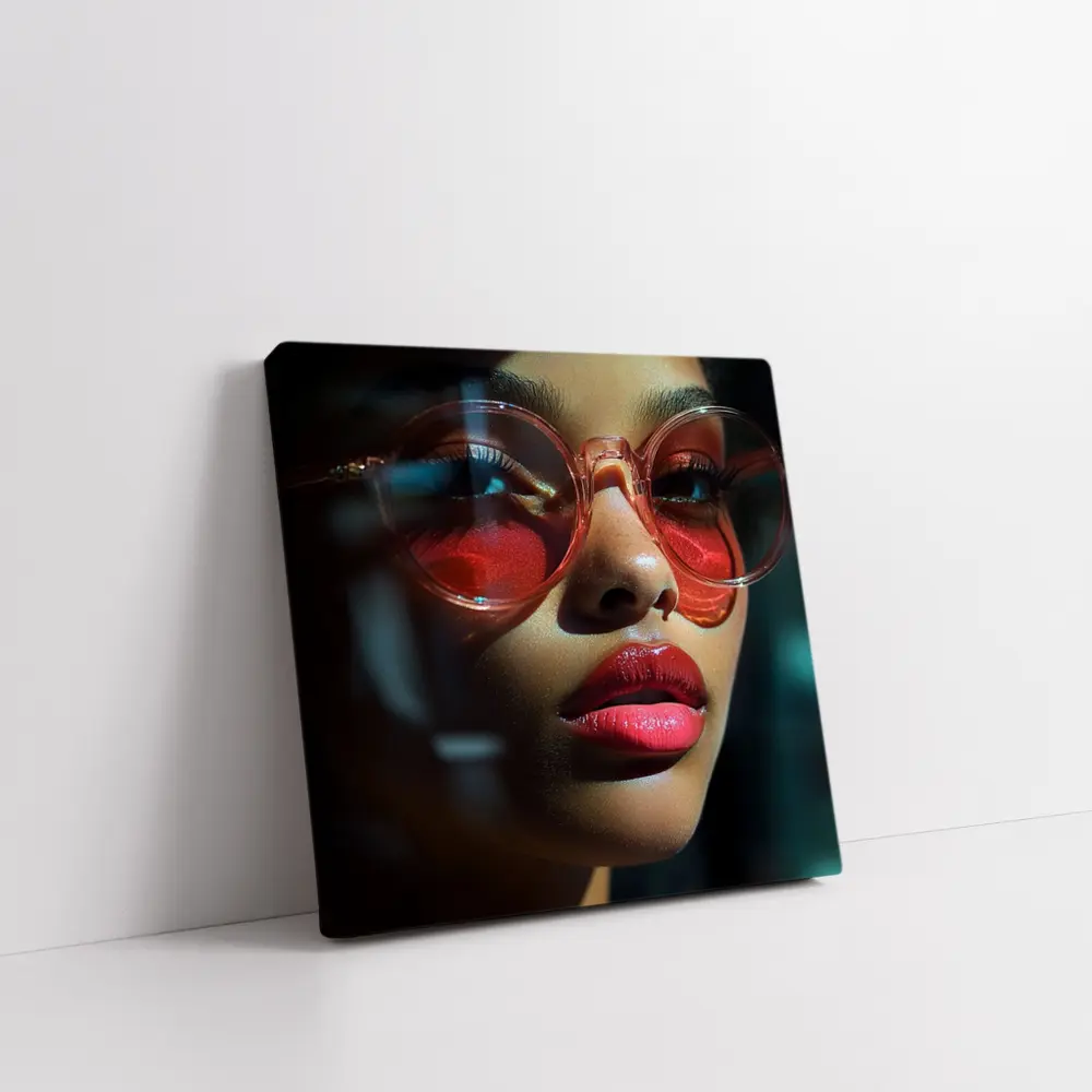 Woman Red Sunglasses Bold Lips Dark Background – Wall Art