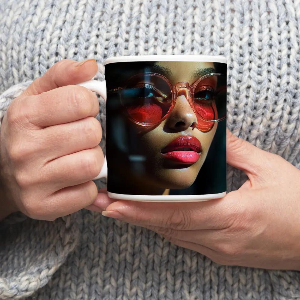 Woman Red Sunglasses Bold Lips Dark Background – Mugs