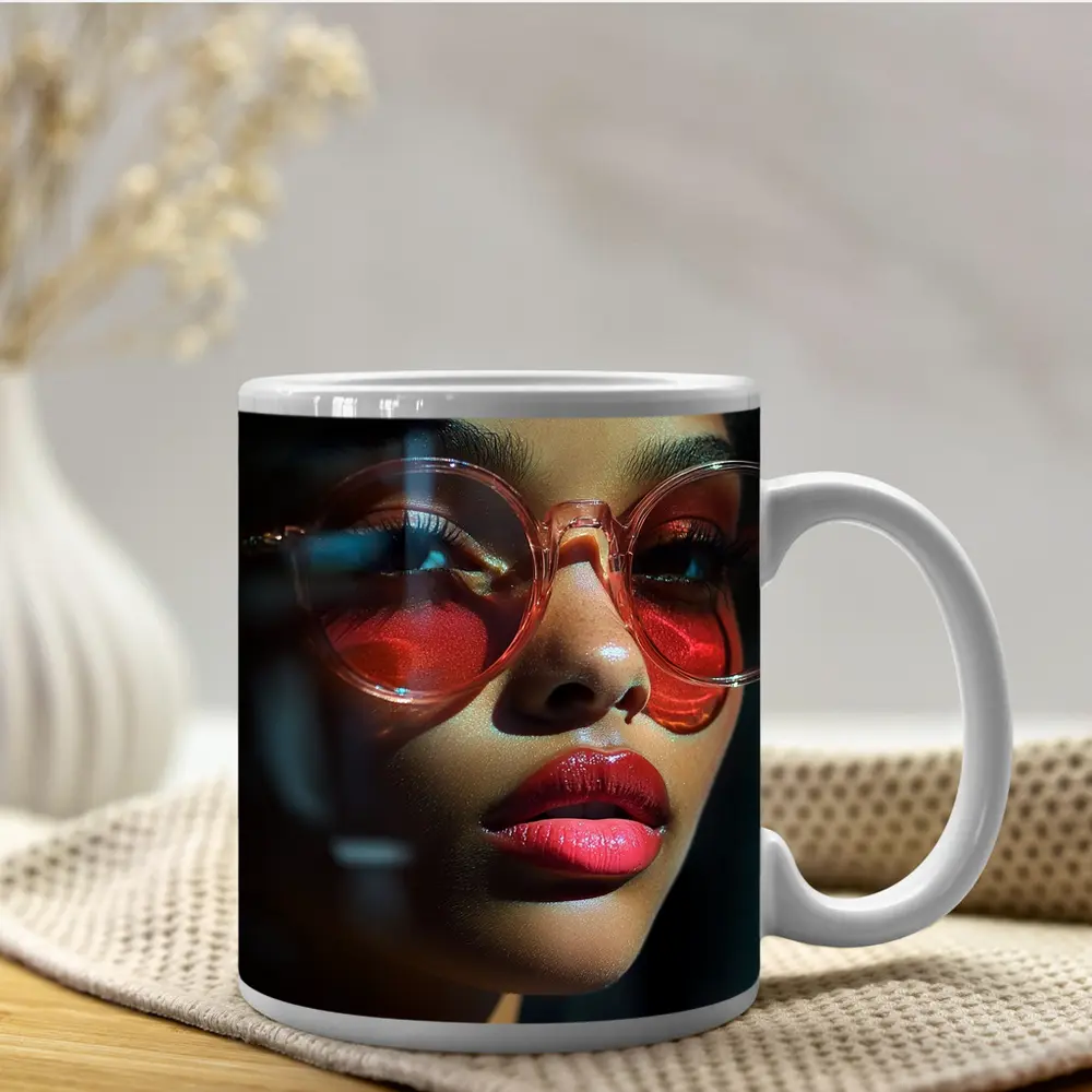 Woman Red Sunglasses Bold Lips Dark Background – Mugs