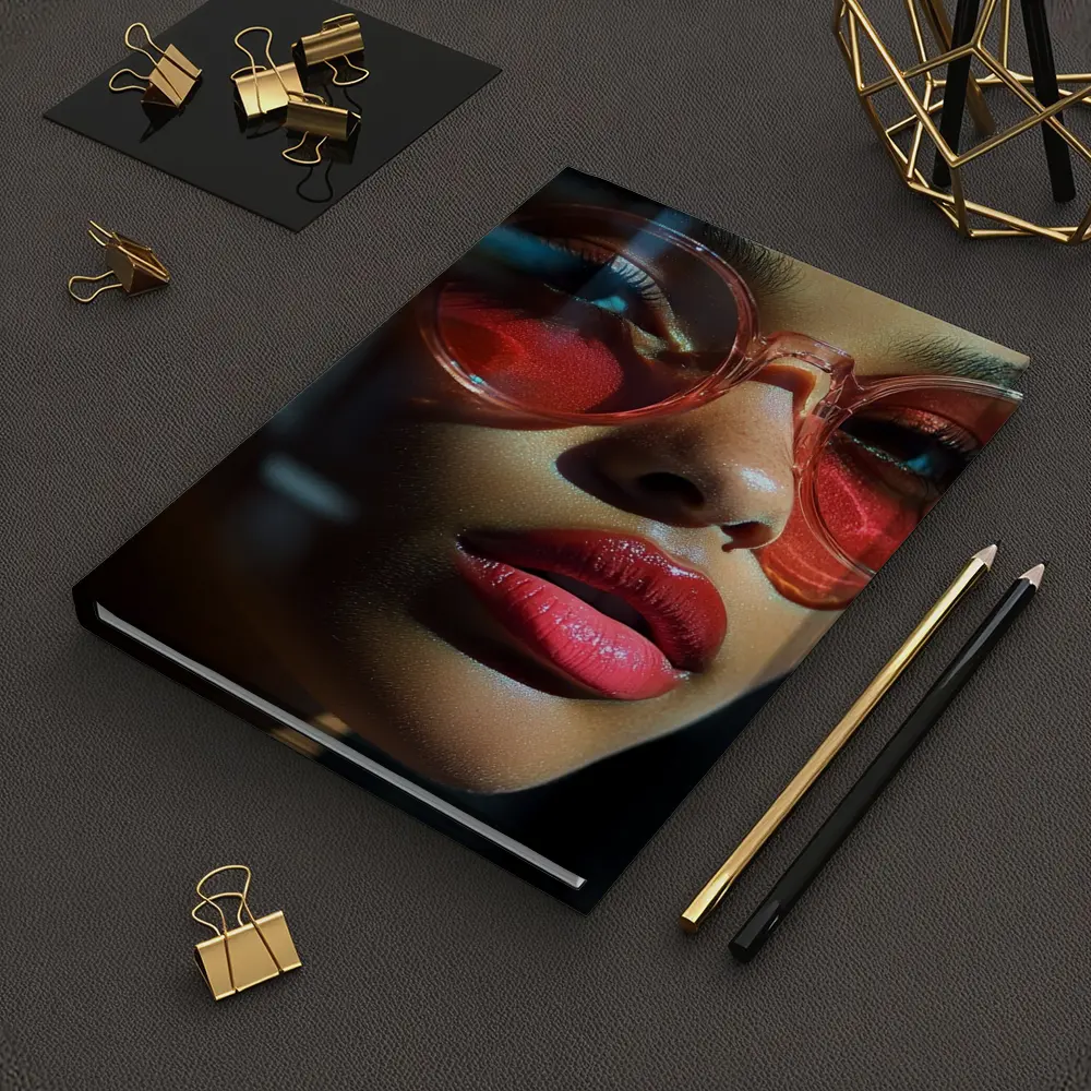 Woman Red Sunglasses Bold Lips Dark Background – Notebooks